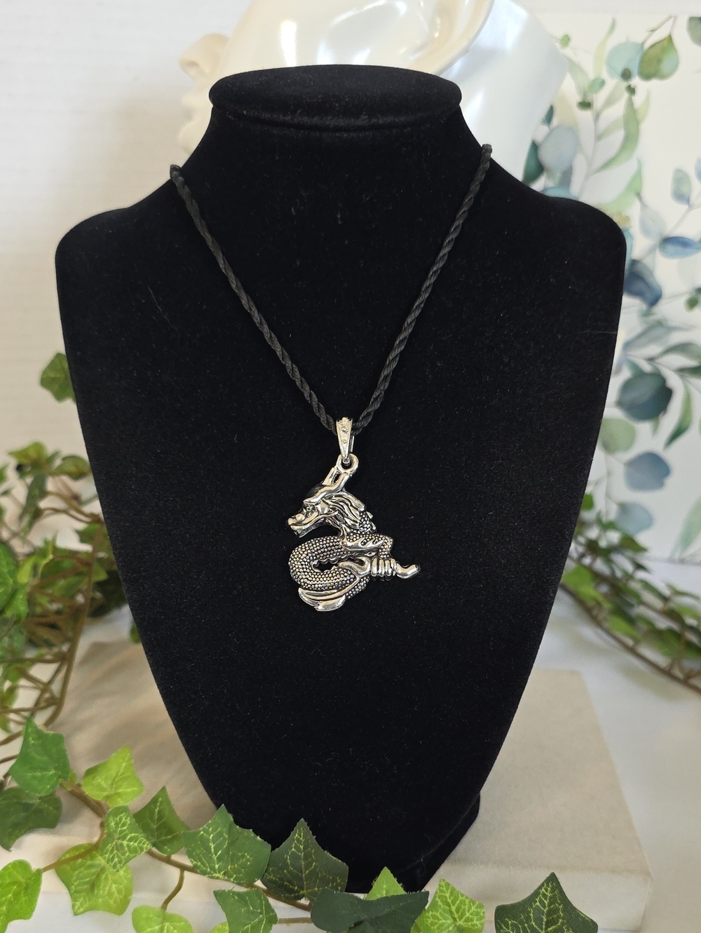 Silver Tone Dragon Pendant Necklace XIU JIAO Black Braided Cord Gothic